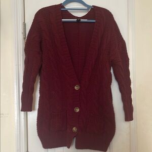 Burgundy Cable Knit Cardigan Sweater